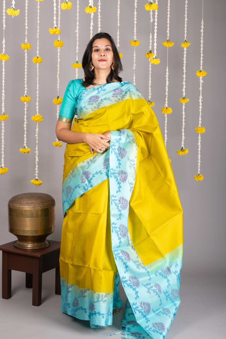 Lime green plain silk saree