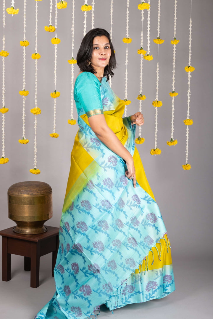 Lime green plain silk saree