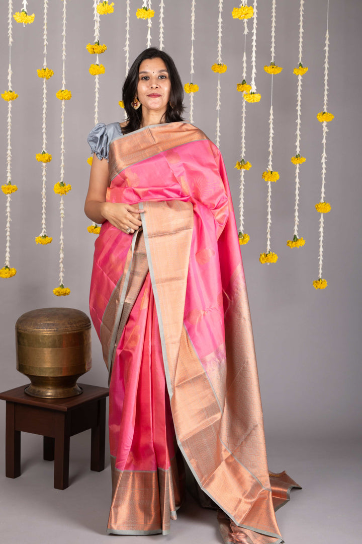 pink and grey combination silk saree