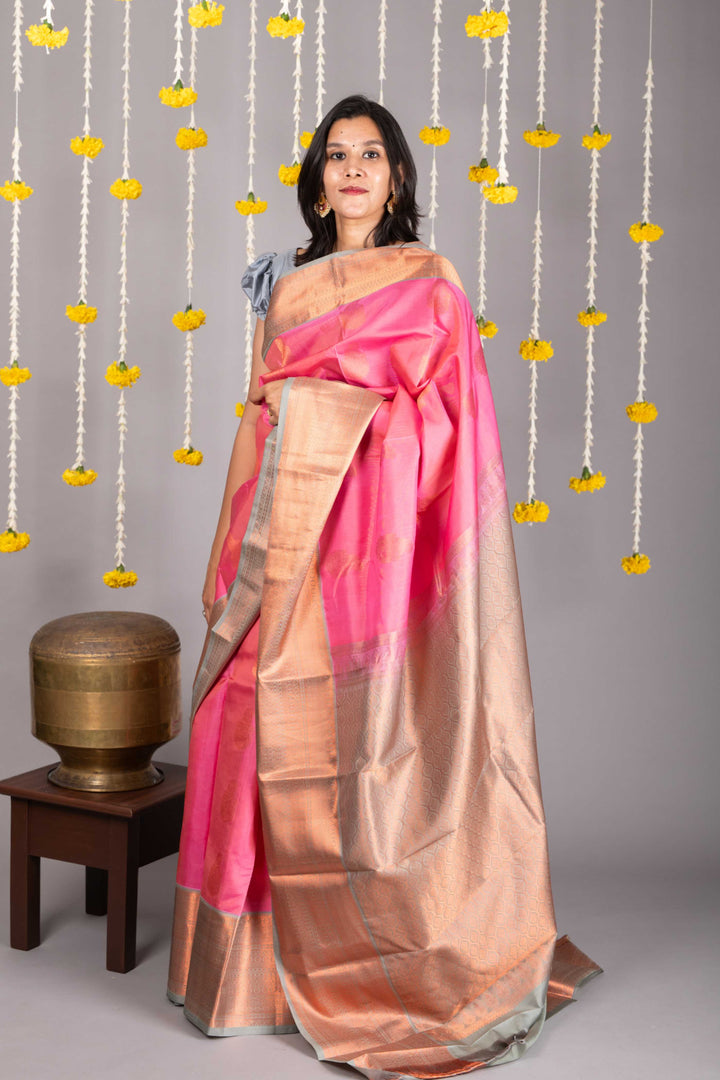 pink and grey combination silk saree