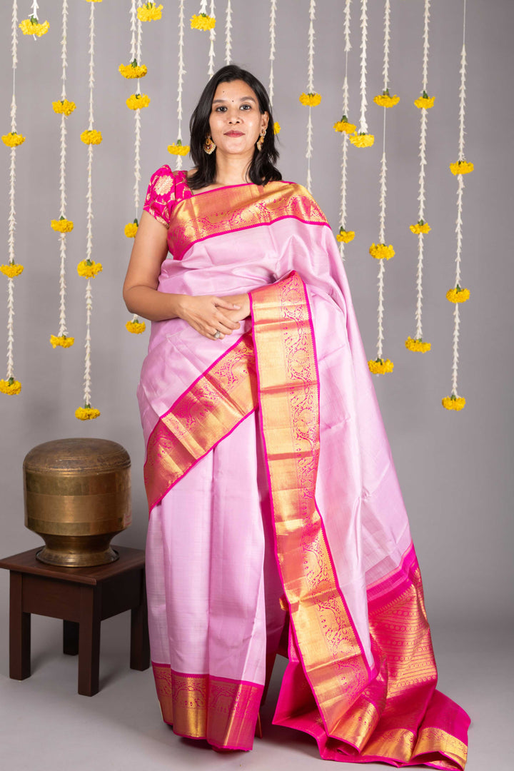 Pink Silk Saree with Golden Border