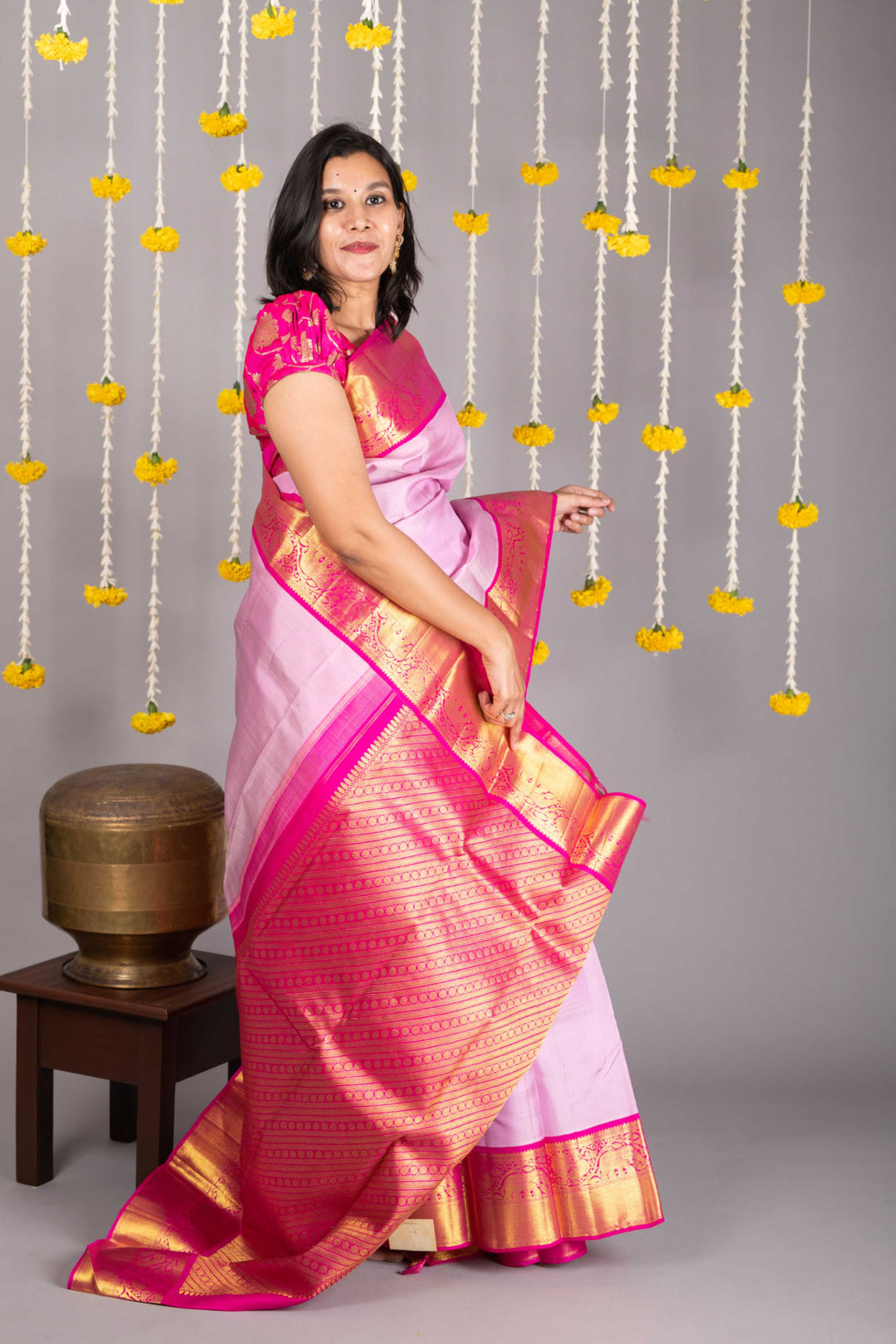 Pink Silk Saree with Golden Border