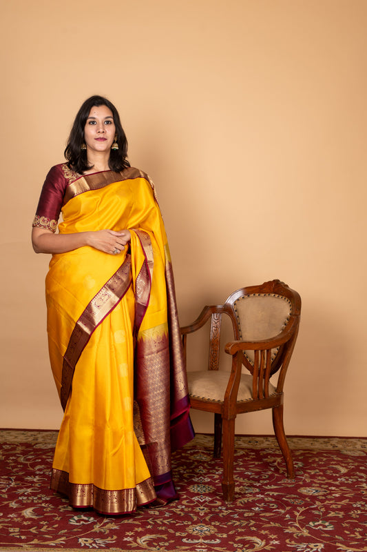 Yellow and Maroon Pure silk saree