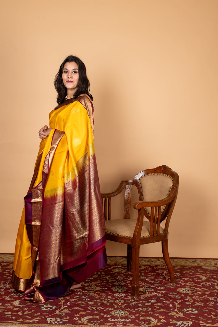 Yellow and Maroon Pure silk saree