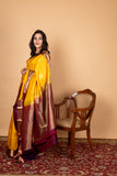 Yellow and Maroon Pure silk saree