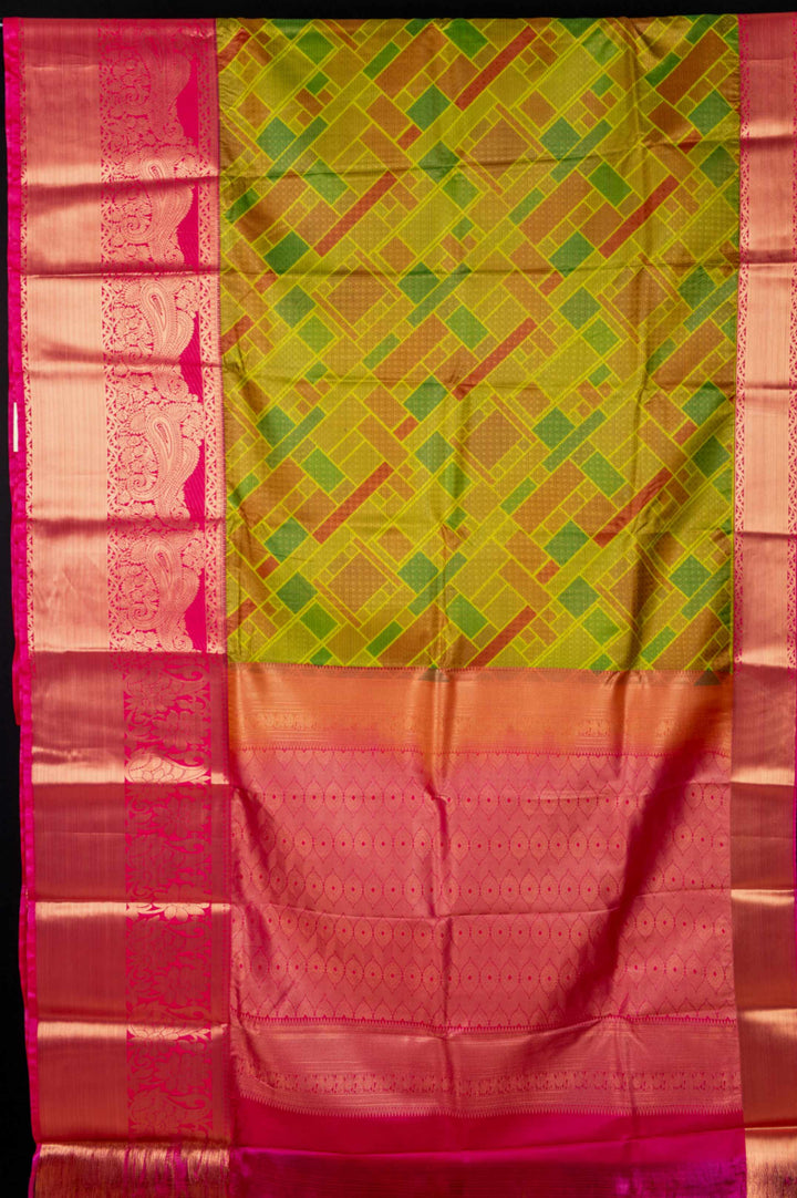 Green geometric digital printed semi silk saree