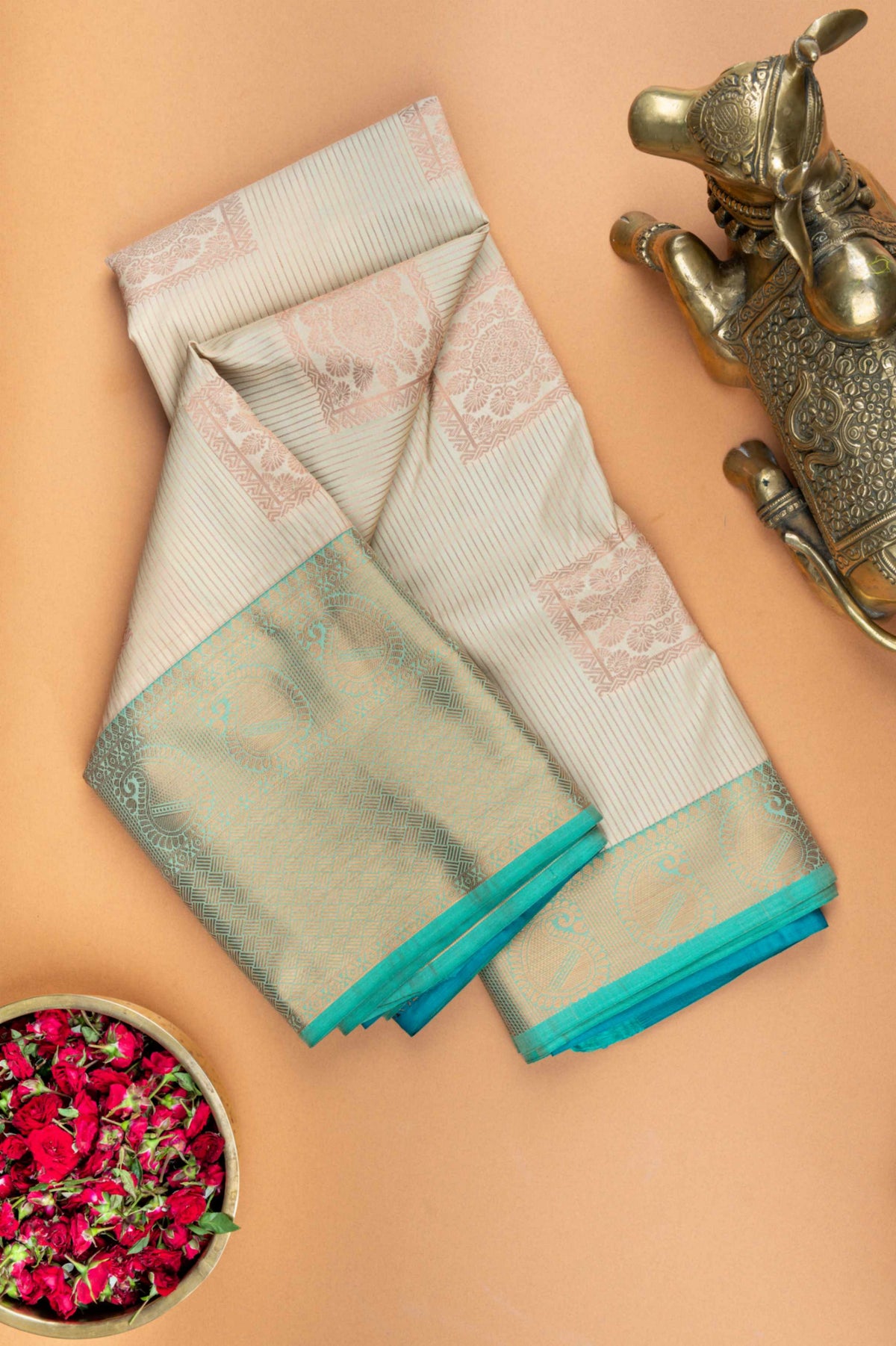 Offwhite and aqua blue semi silk saree