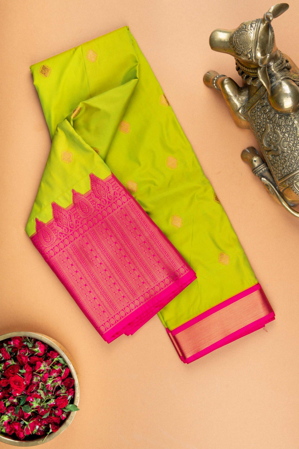 Lime green and pink semi silk saree