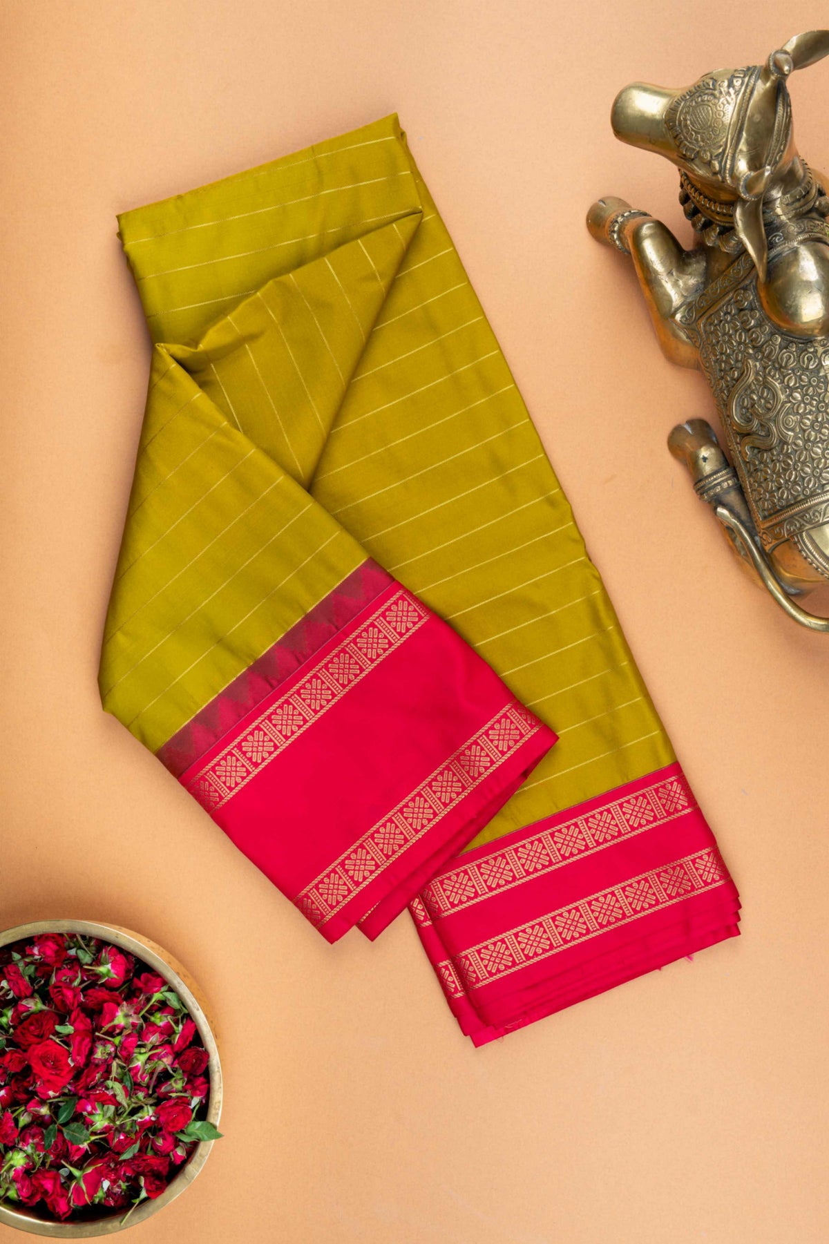 Moong dal green and pink semi silk saree