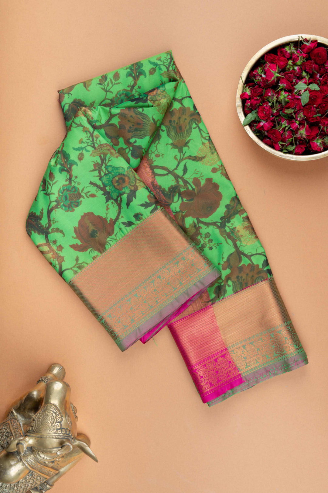 Green and pink digital printed semi silk saree