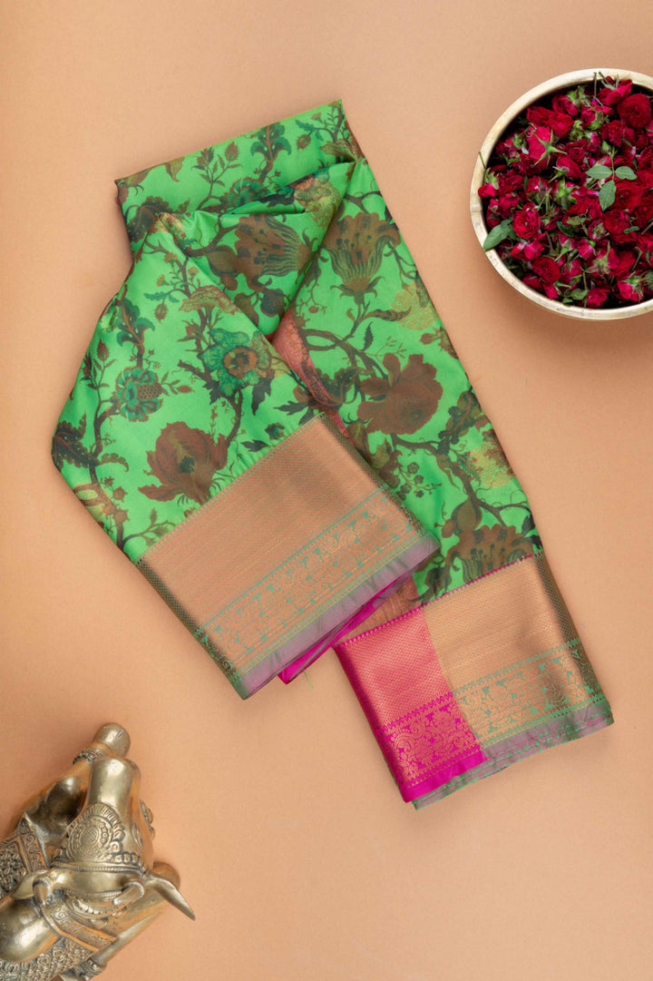 Green and pink digital printed semi silk saree