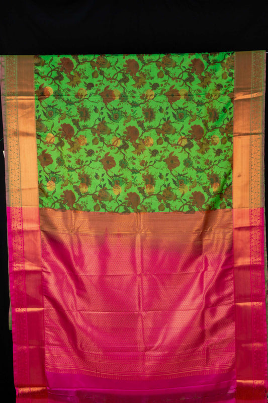 Green and pink digital printed semi silk saree