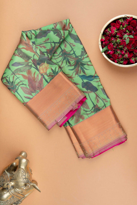 Green digital printed semi silk saree