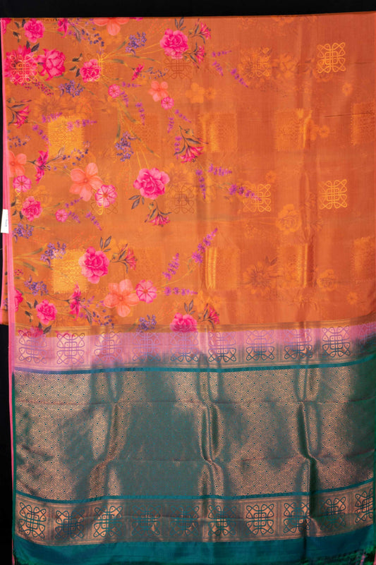 Honey and green digital printed semi silk saree