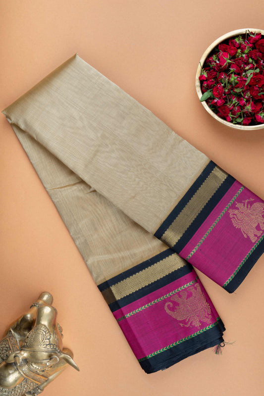 Beige and black silk cotton saree