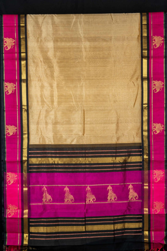 Beige and black silk cotton saree