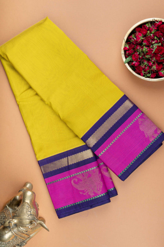 Lime green and purple silk cotton saree