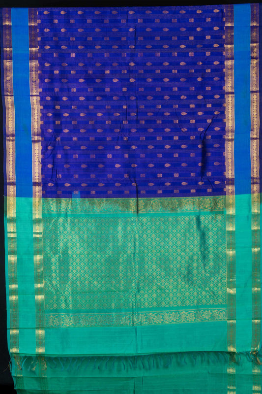 Blue and turquoise silk cotton saree