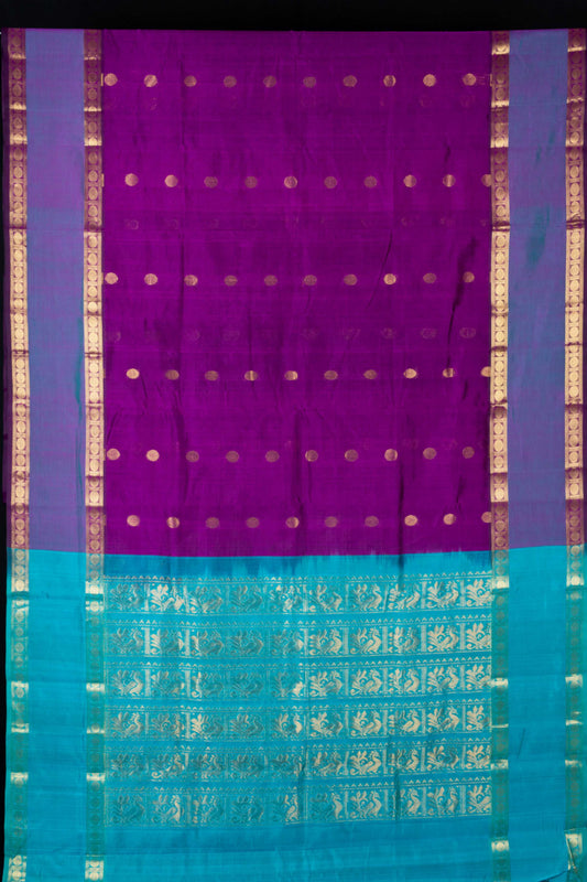 Purple and turquoise silk cotton saree