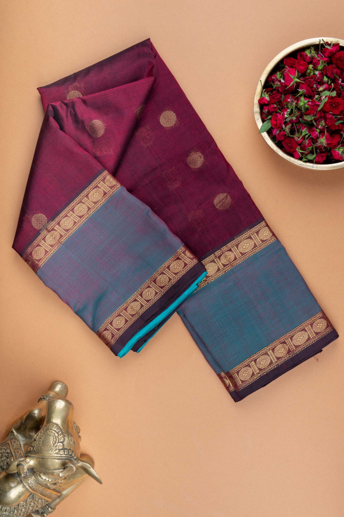 Maroon and turquoise silk cotton saree