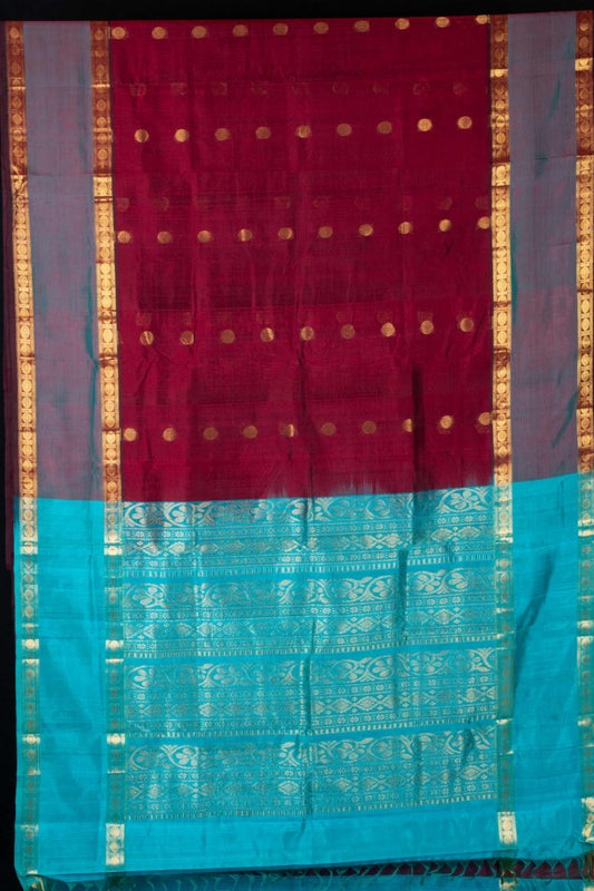 Maroon and turquoise silk cotton saree